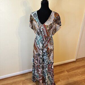 One World Womens Maxi Dress Empire Brown Teal Slinky Medium Boho Style V Neck